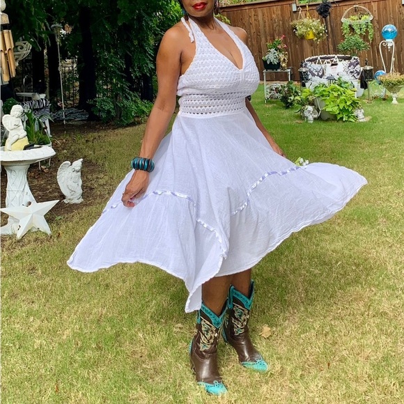 Bohemian White Halter Top Crochet Dress‎ - Picture 1 of 14